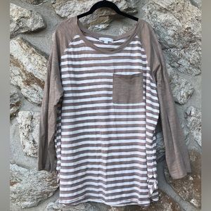 Taupe & White Stripe Contrast Pocket Long-Sleeve Tee - Women’s Plus